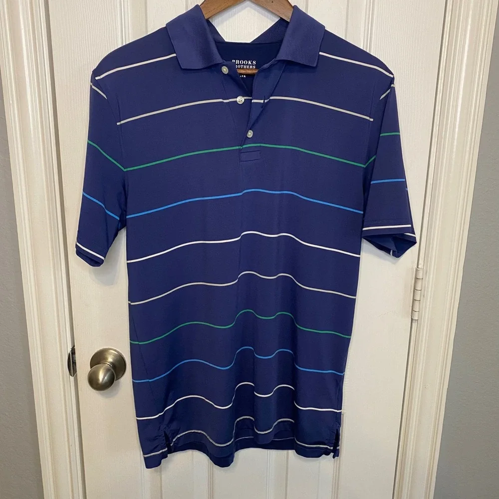 Brooks Brothers Mens Medium Polo Shirt Blue Striped‎ Golf Casual Short Sleeve